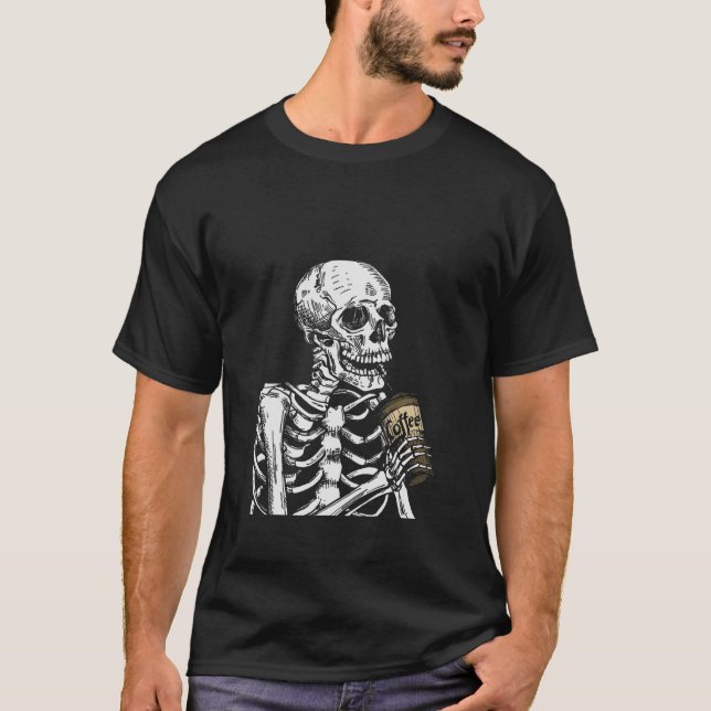 Kaffedrindning Skeleton Skull Halloween Costume T Shirt (Framsida)