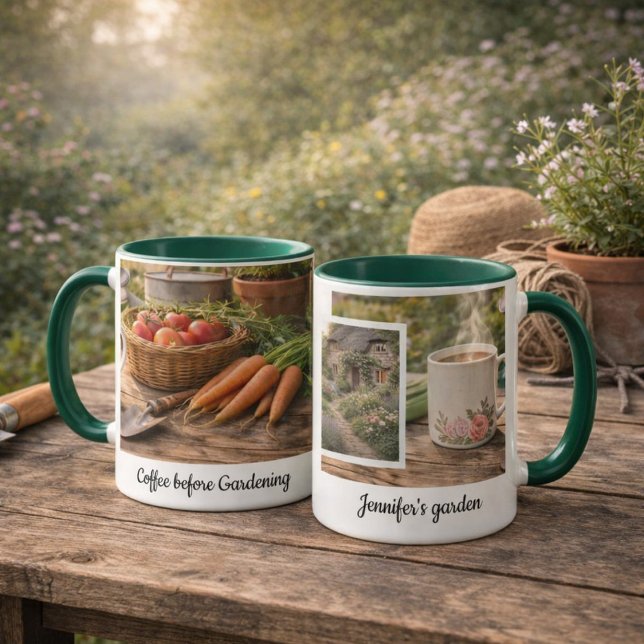 Kaffee innan trädgårdsarbete morgon trädgårdsfotom mugg ("Coffee before gardening" morning garden photo mug. You can add your own photo, name and text.)