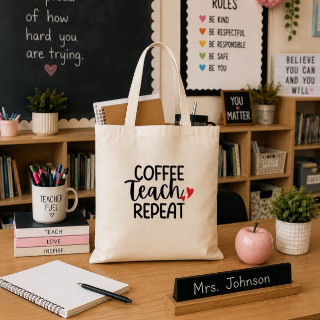 'Kaffee, Lär, Upprepa' Lärarpresent Tygkasse (Skapare uppladdad)