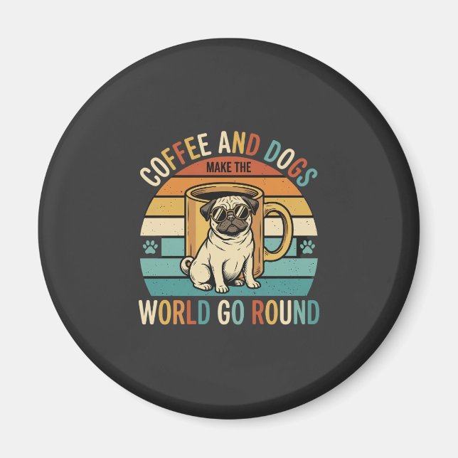 Kaffee och hundar Retro Pug-älskare Magnet (Framsidan)