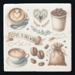 Kaffefanatiker temaillustrerad latte stenunderlägg<br><div class="desc">Gläd den kaffefanatiker du har i ditt liv med dessa charmiga Love is Brewing-underlägg,  perfekta som presenter till kaffeförälskare eller som bröllopsduschtack. Med en vacker latte-illustration,  kaffekoppar,  hjärtan och kaffebönor i elegant akvarell,  ger dessa kaffetematiska drickesunderlägg värme och sofistikation till alla miljöer.</div>