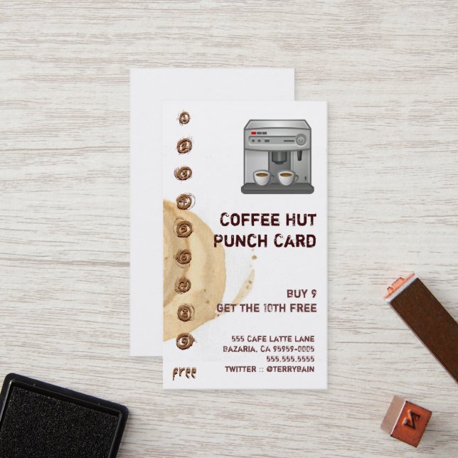 Kaffefläck och espressomaskinPunchcard Lojalitetskort (Fram/Back In Situ)