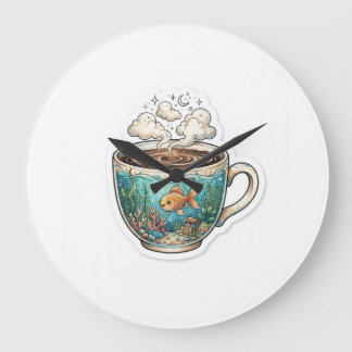 Kaffehav – Whimsical Fish in a Cup Väggturbin Stor Klocka
