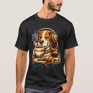 Kaffehund med hörlurar Söt Beagle Morgonstämning T Shirt