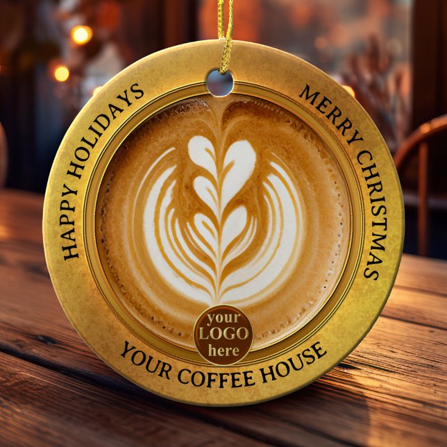 Kaffehus Logotyp jul Julgransprydnad Keramik (Christmas ornament featuring a cappuccino in an elegant gold styled design with your custom logo)