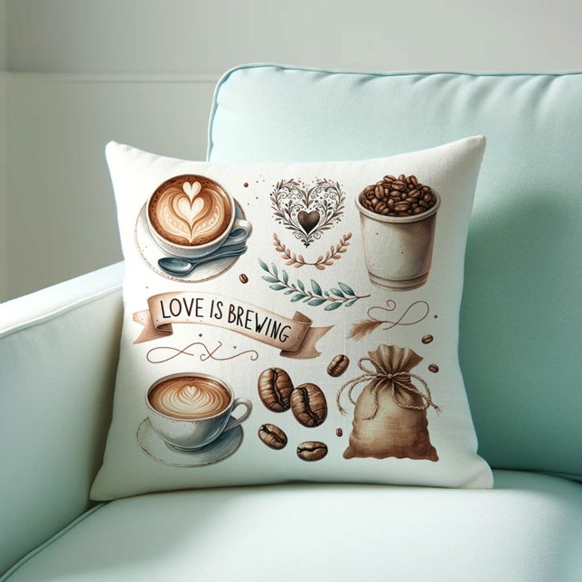 Kaffehusinspirerade prydnadskuddar (Love is brewing coffee lover bridal shower decor or gift with illustrated coffee-house art)