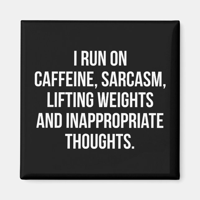 Kaffein, sarkam, lyftviktning, ljus - gym magnet (Framsidan)