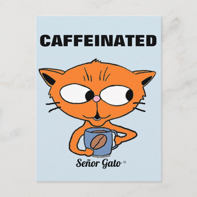 "KAFFEINERAD" Señor Gato med kaffemugg Vykort (Framsida)