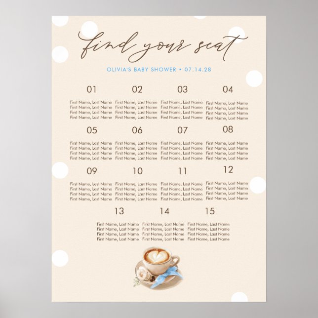 Kaffeinspirerad pojkbabyshower sittplatskarta poster (Framsidan)