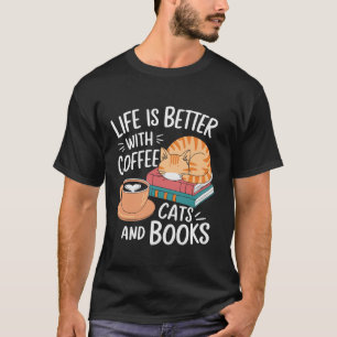 Kaffekat Bokar Älskare Design Funny Bok Reading T Shirt