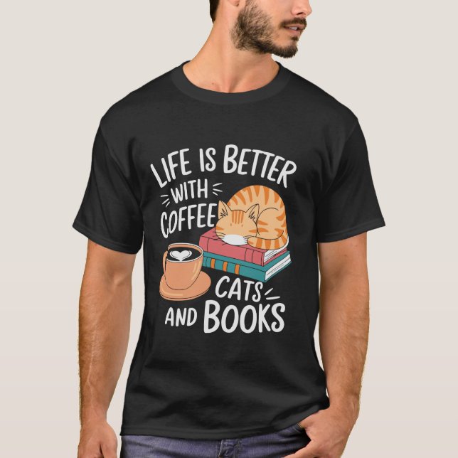 Kaffekat Bokar Älskare Design Funny Bok Reading T Shirt (Framsida)