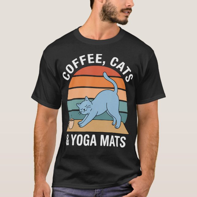 Kaffekatter Yogamatta Retro Meditation T Shirt (Framsida)