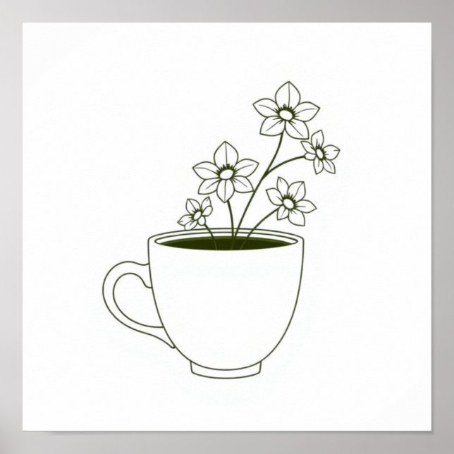 Kaffekopp med blomster Ånglinje Konst Poster (Framsidan)