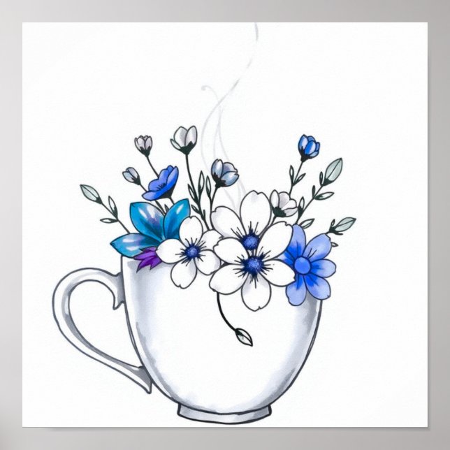 Kaffekopp med blomstermönstrad ånglinjekonst poster (Framsidan)