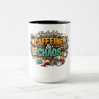 Kaffekopp med rolig text: Drivs av Kaffe & Kaos