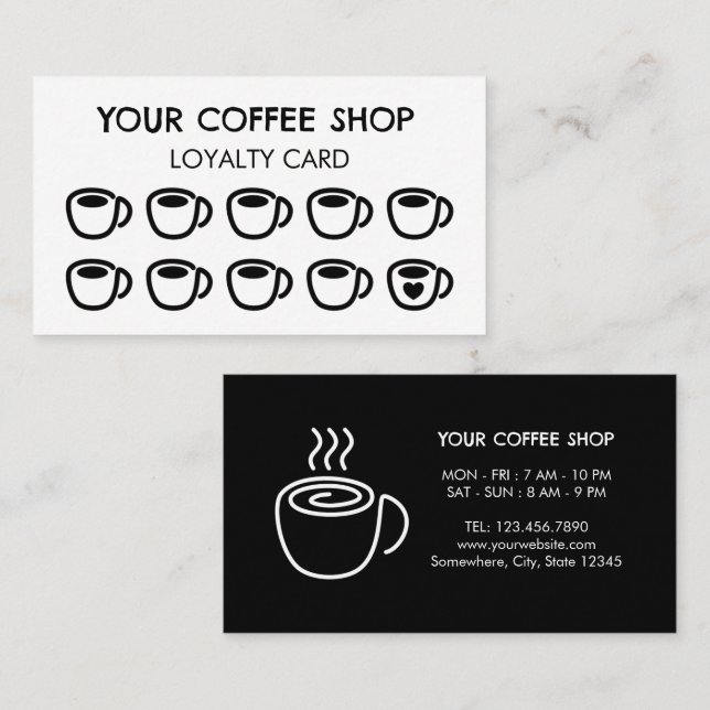 Kaffekoppar Svarta Moderna Kaffesalong Kundkort  Lojalitetskort (Fram/baksida)