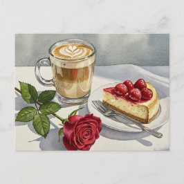 Kaffelatte Cheesecake Jordgubb Rosa Postkort Vykort