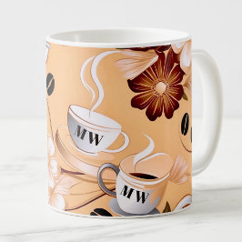 Kaffematoden beige, bruna blommor initialer kaffemugg
