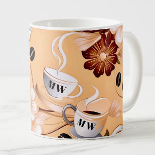 Kaffematoden beige, bruna blommor initialer kaffemugg
