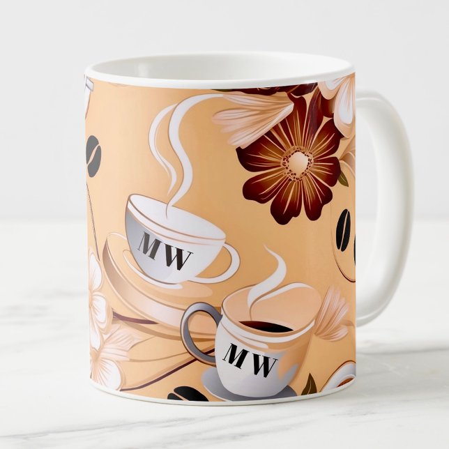 Kaffematoden beige, bruna blommor initialer kaffemugg (Skapare uppladdad)