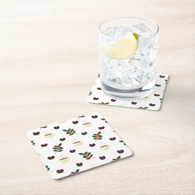 Kaffemönster med bönor, koppar och kaffeträd underlägg papper kvadrat (Insitu)