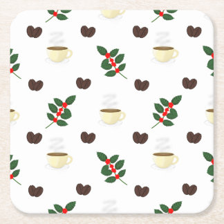 Kaffemönster med bönor, koppar och kaffeträd underlägg papper kvadrat