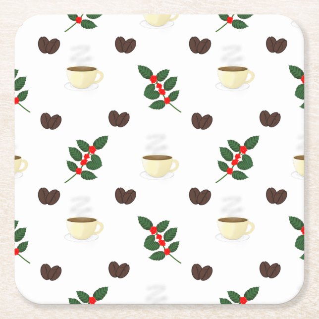 Kaffemönster med bönor, koppar och kaffeträd underlägg papper kvadrat (Framsidan)