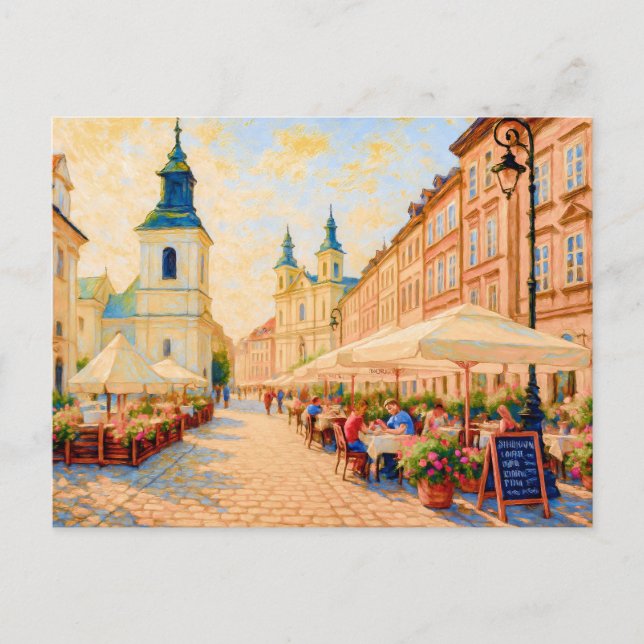 Kaffemorgon i Warszawas Gamla Stan - oljemålning Helg Vykort (Framsida)