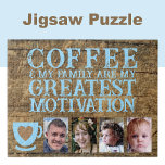 Kaffemotivation 4 fotobrun blått pussel<br><div class="desc">Starta din dag med glädje och anslutning till det här anpassadet 4-fotopusslet! Den hjärtliga frasen "Kaffe och min familj är min underbarare motivation" är perfekten för älskare och familjeentusiaster. Anpassa den med dina favoritfoton så att den blir unik för dina behov - en perfekt med roligt, minnen och avslappning. Underbar...</div>