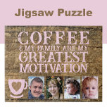 Kaffemotivation 4 fotobrun rosa pussel<br><div class="desc">Starta din dag med glädje och anslutning till det här anpassadet 4-fotopusslet! Den hjärtliga frasen "Kaffe och min familj är min underbarare motivation" är perfekten för älskare och familjeentusiaster. Anpassa den med dina favoritfoton så att den blir unik för dina behov - en perfekt med roligt, minnen och avslappning. Underbar...</div>