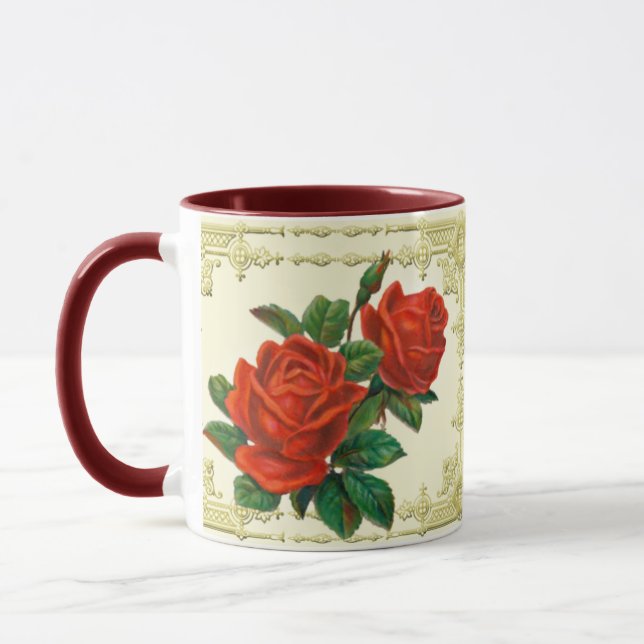 Kaffemugg i guldram med viktorianska röda rosor (Vänster)