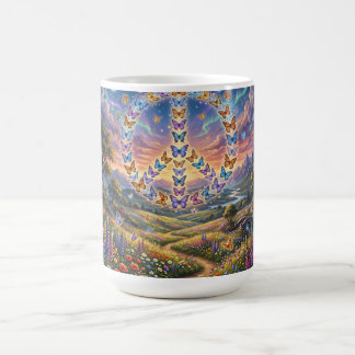 Kaffemugg med färgglad nattvy av fredstecken