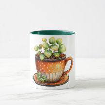 Kaffemugg med kaffekopp med växt inuti