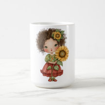 Kaffemugg med liten flicka som håller solros