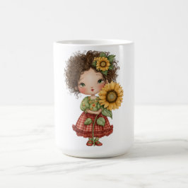 Kaffemugg med liten flicka som håller solros