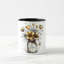 Kaffemugg med murarburk full av blommor