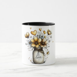 Kaffemugg med murarburk full av blommor
