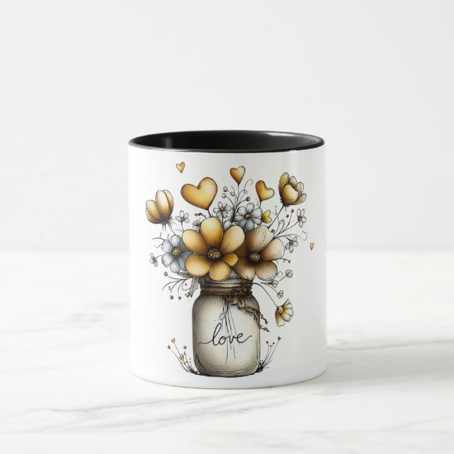 Kaffemugg med murarburk full av blommor (Center)