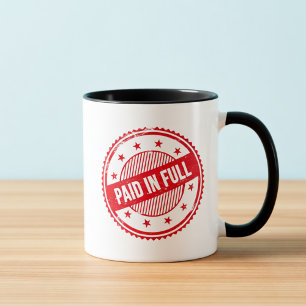 Kaffemugg med stämpel 'Betald i sin helhet' i dist