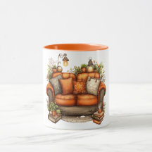 Kaffemugg med varma nyanser av soffa och blommor