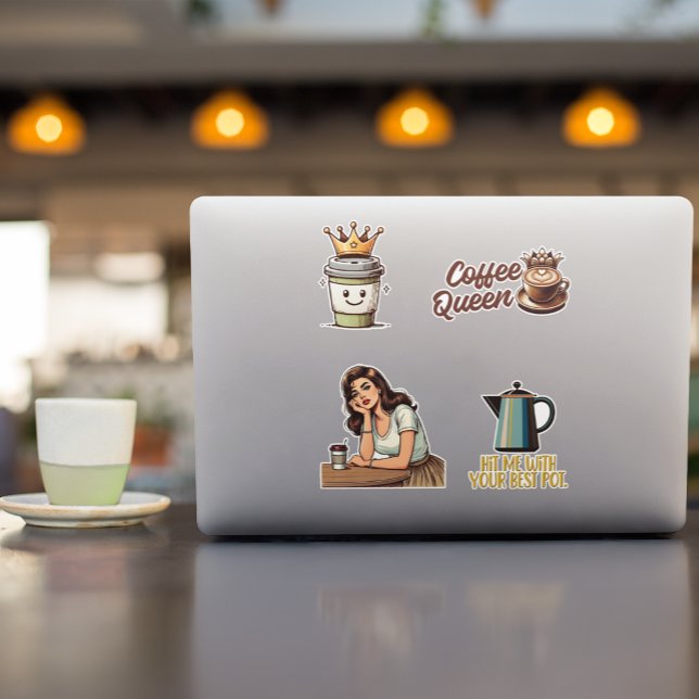 Kaffeplockset - 4 återo/lustigt klistermärke klistermärken (This fun coffee sticker set will add some personality to your laptop, Stanley mug, phone, etc.!)