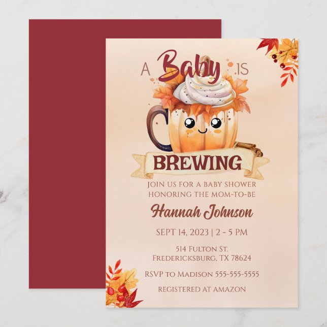 Kaffepumpkin Spice Fall Brewing Baby Shower Inbjudningar (Fram/baksida)