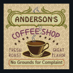 Kaffeshoppare med Kopp Skapar din egen Personlig Poster<br><div class="desc">Denna kaffematda vägg poster perfekt för var och en som springor sin egen kaffebryggare eller har ett kaffematod i sin egen köksdeka. Med brunt, grönt, lila och tips på orange inspirerade denna espresso / cappuccino till en kopp på en saucer, två personliger på textbanderoller och ord på lilan "Kaffe Shop...</div>