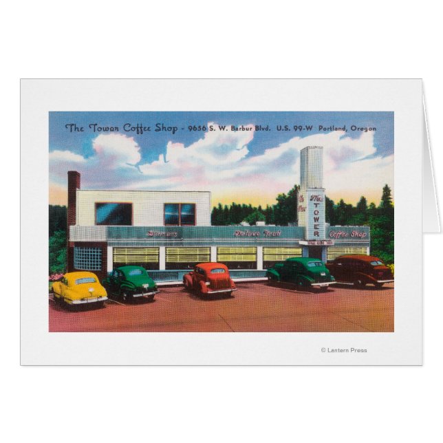 Kaffeshoppets yttre vy i Torn Hälsningskort (Framsidan Horizontal)