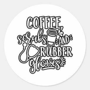 Kaffeskorn och gummihandskar för sjuksköterskor runt klistermärke