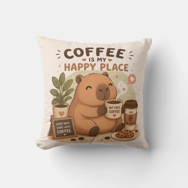 Kaffet Är Min Lyckliga Plats Söt Capybara Kaffe Kä Kudde (Framsida)