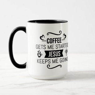 Kaffet får mig igång Jesus håller mig på banan Mugg
