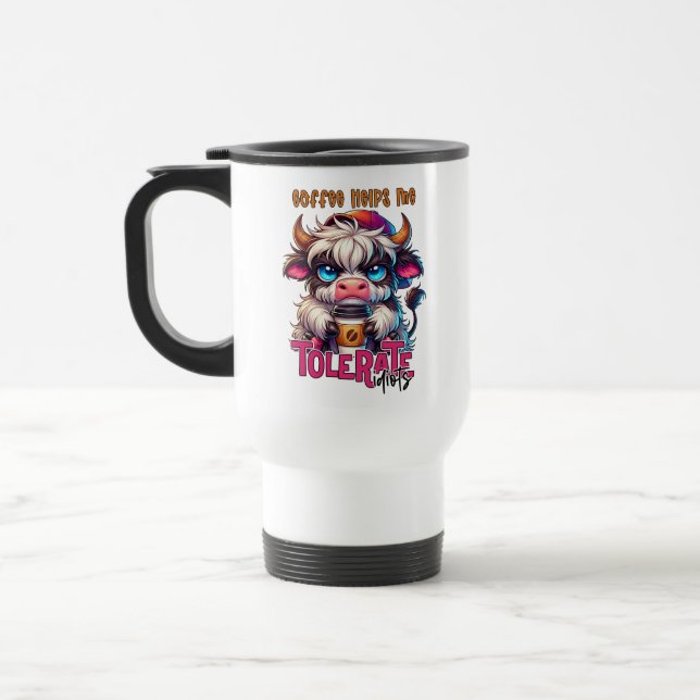 Kaffet Hjälper Mig Tåla Idioter  Resemugg (Vänster)