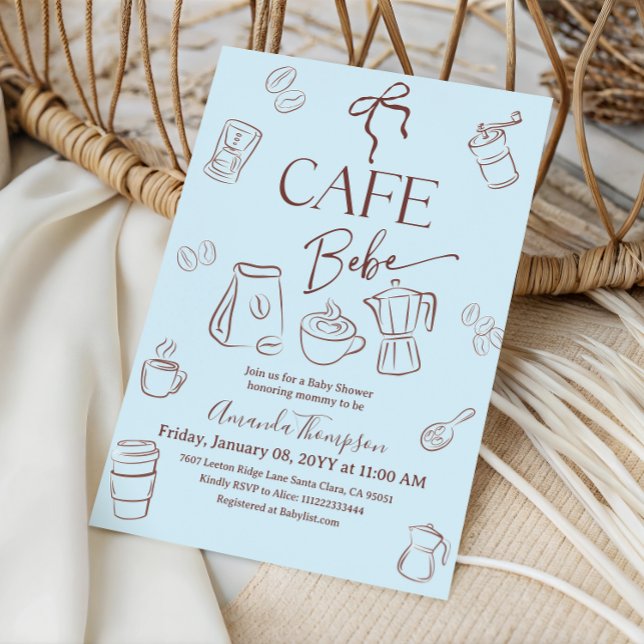 Kaffetema Blå Bow Cafe Bebe Pojke Baby Shower Inbjudningar (Skapare uppladdad)