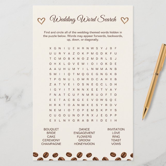 Kaffetema Bröllopsdusch Ordsökningskort Anteckningskort (Coffee Theme Bridal Shower Word Search Game Card
)
